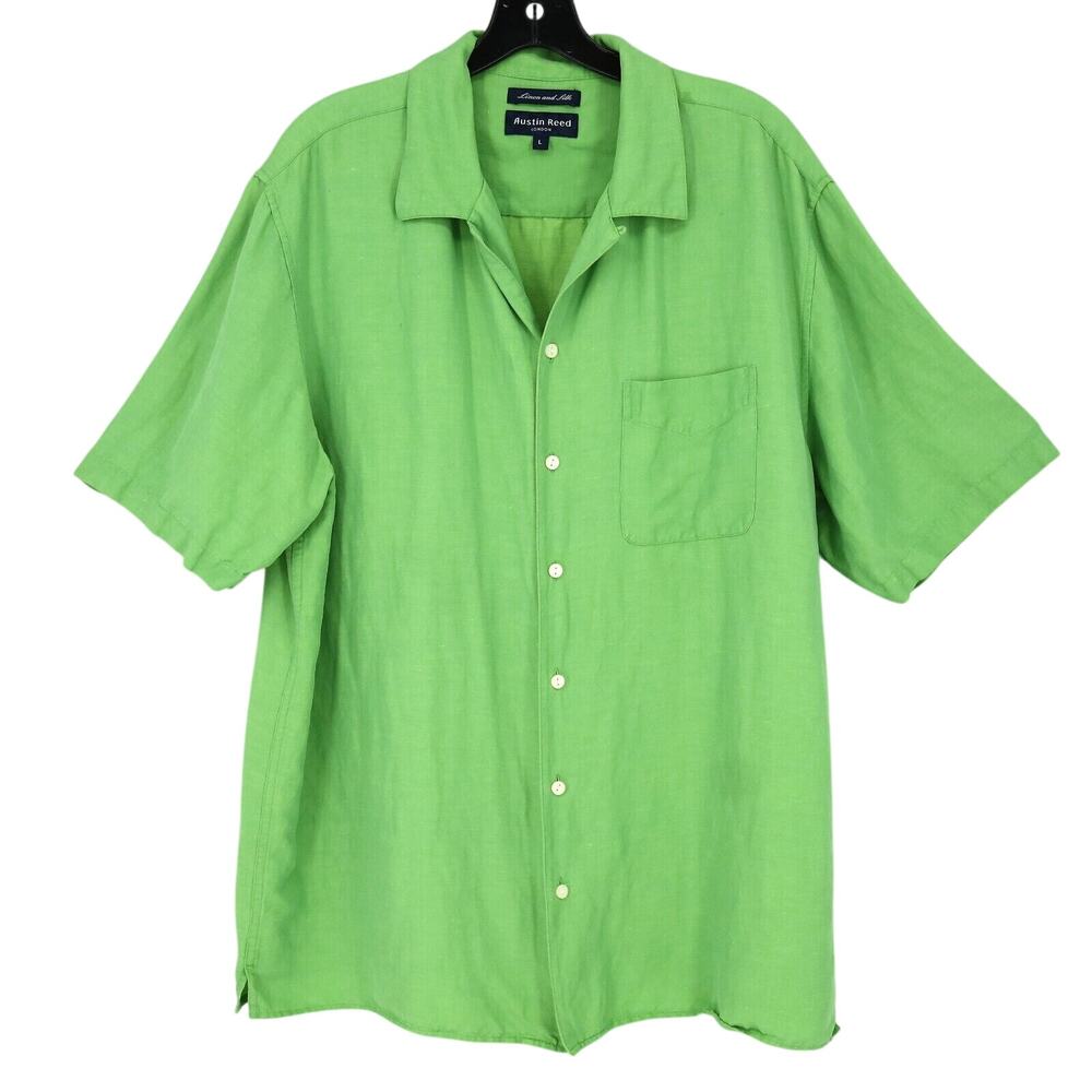Austin Reed London Shirt Mens Large Linen Silk Green Camp Oversized Vintage
